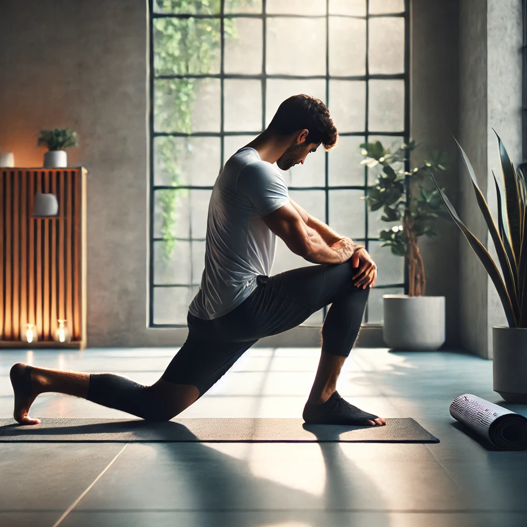 DALL·E 2024 10 03 14.40.47 A person performing a hip flexor stretch in a fitness setting. The individual is in a deep lunge position with one knee on the ground and the other le