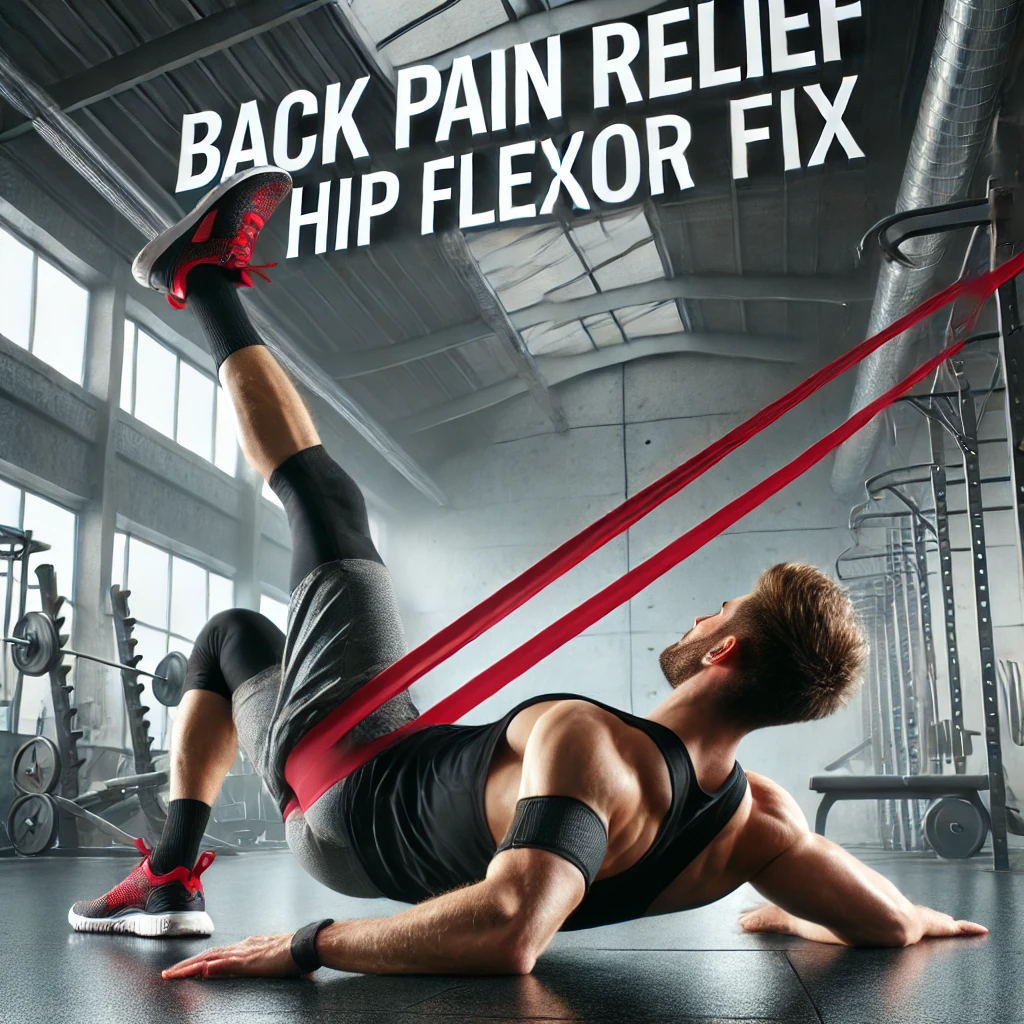 DALL·E 2024 10 03 15.01.09 A highly dynamic fitness image showing a person performing a hip flexor stretch with a resistance band in a modern gym. The individual is lying on the